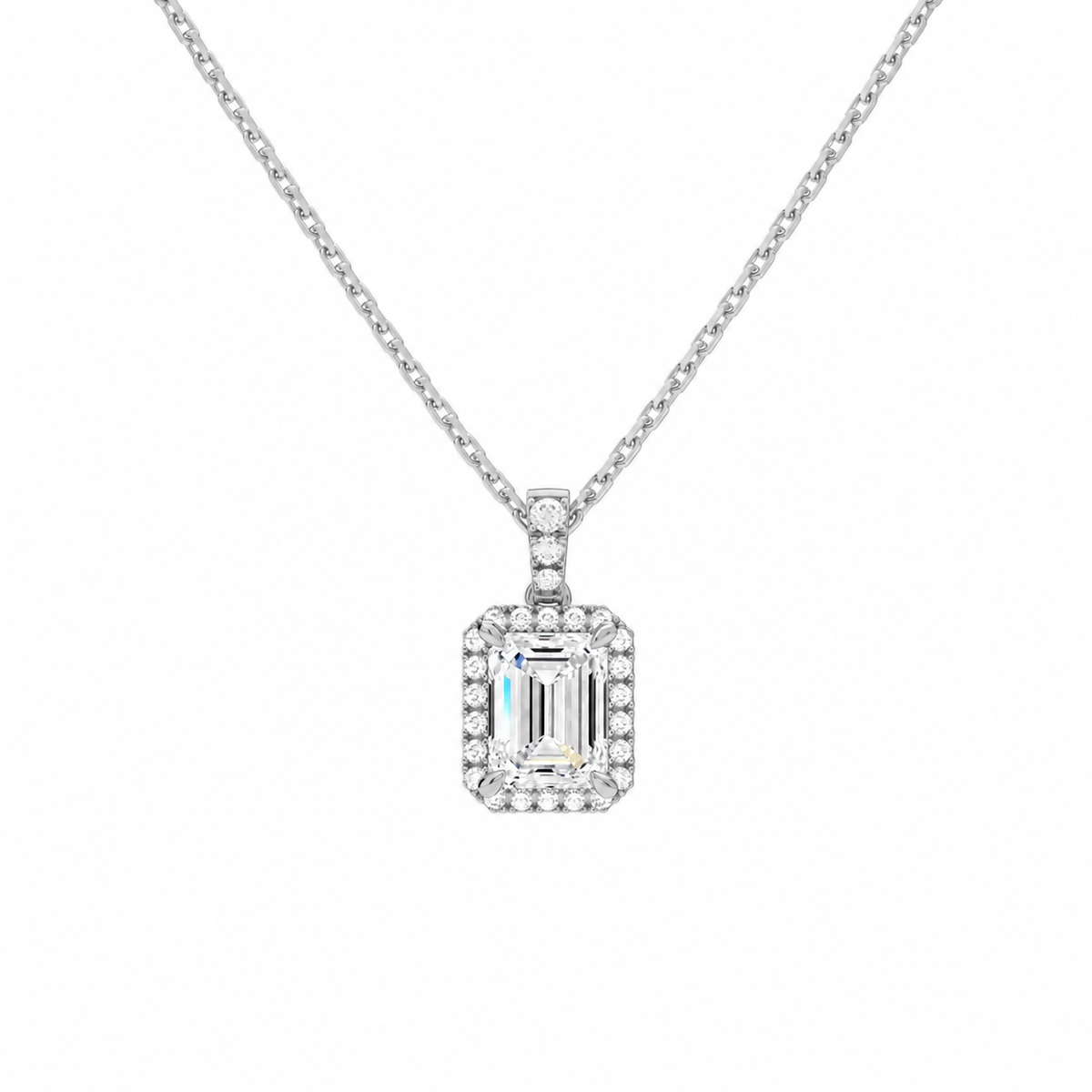 Leona Emerald Halo Accented Bail Lab-Grown Diamond Pendant Necklace in 14K White Gold, front view