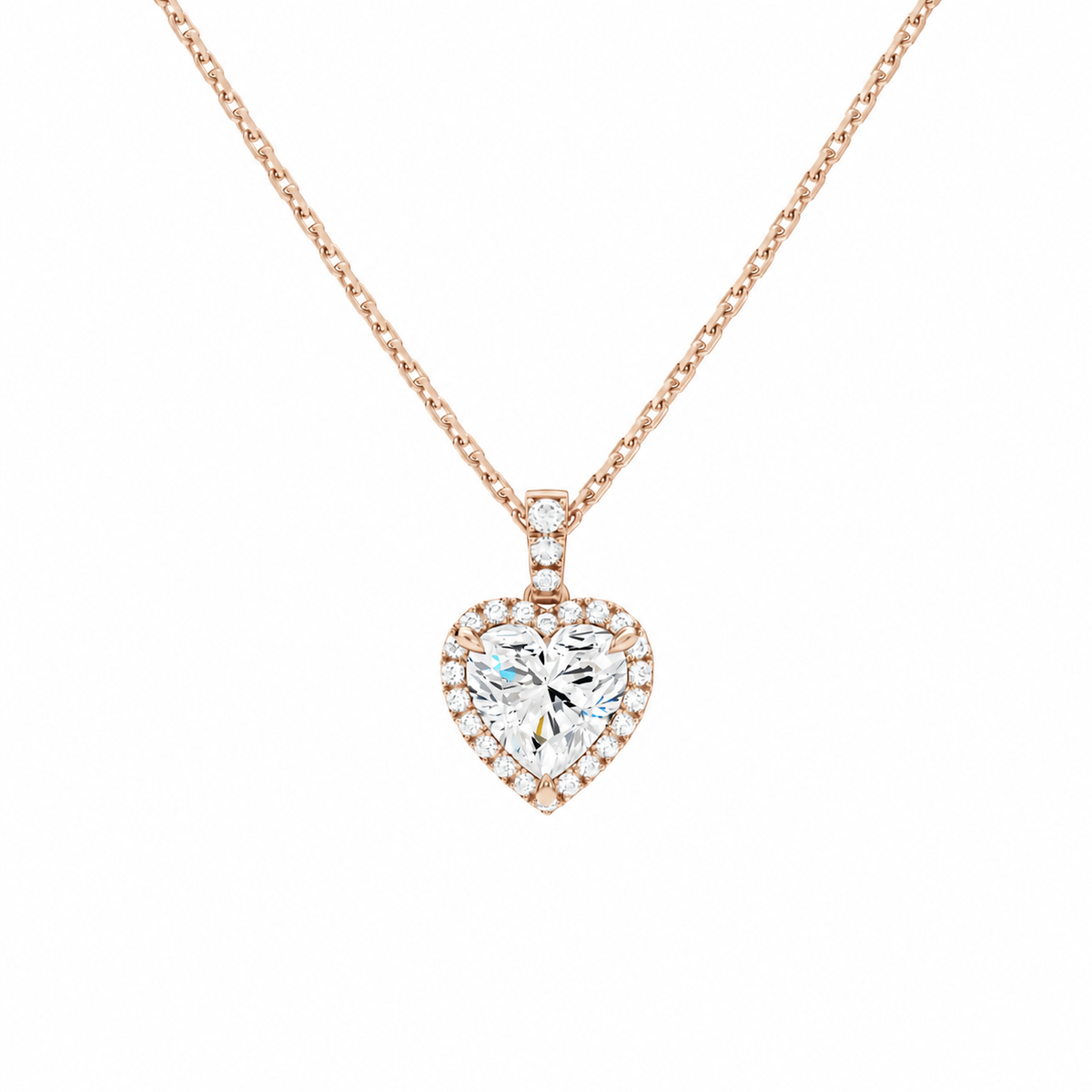 Leona Heart Halo Accented Bail Lab-Grown Diamond Pendant Necklace in 14K Rose Gold, front view