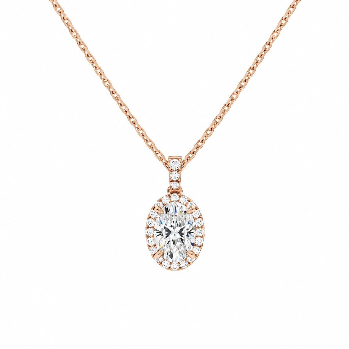 Leona Oval Halo Accented Bail Lab-Grown Diamond Pendant Necklace in 14K Rose Gold, front view