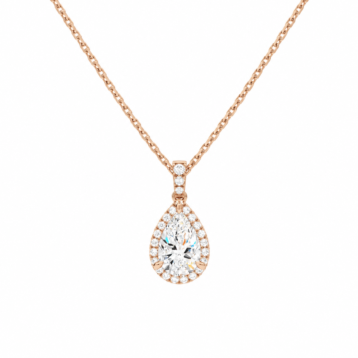 Leona Pear Halo Accented Bail Lab-Grown Diamond Pendant Necklace in 14K Rose Gold, front view