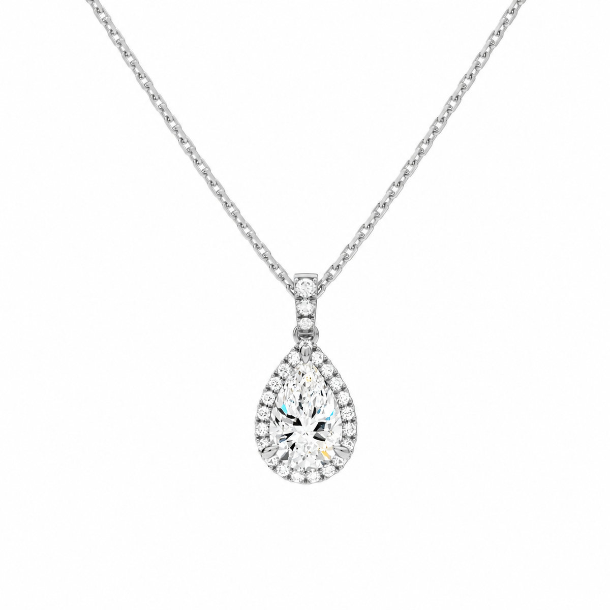 Leona Pear Halo Accented Bail Lab-Grown Diamond Pendant Necklace in 14K White Gold, front view