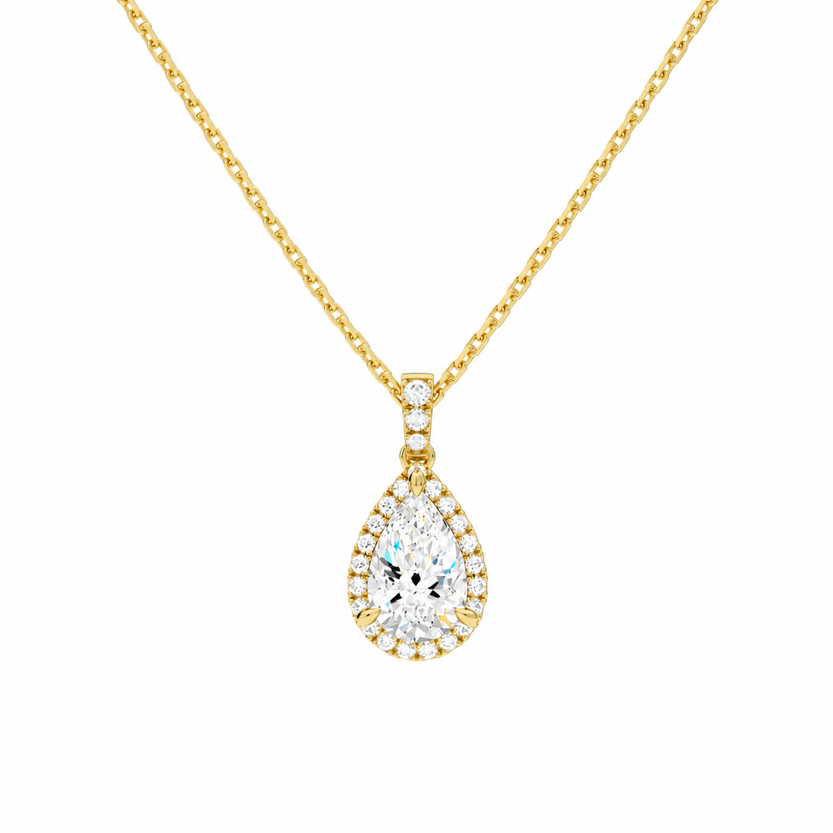 Leona Pear Halo Accented Bail Lab-Grown Diamond Pendant Necklace in 18K Yellow Gold, front view