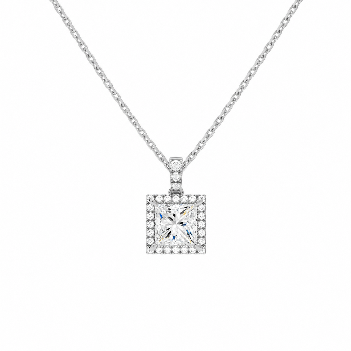 Leona Princess Halo Accented Bail Lab-Grown Diamond Pendant Necklace in 14K White Gold, front view