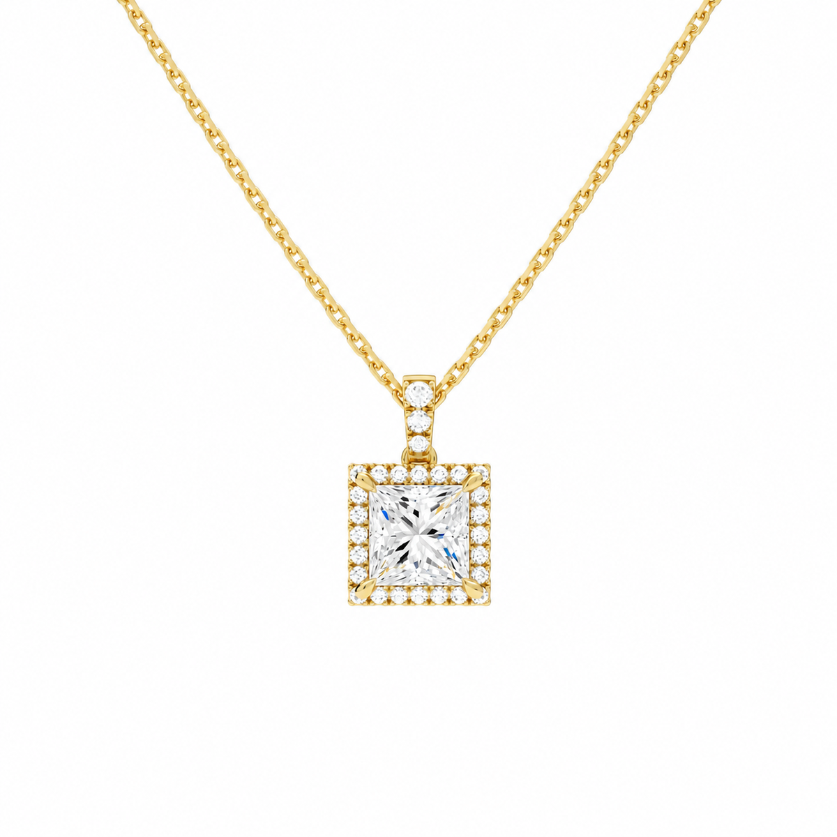 Leona Princess Halo Accented Bail Lab-Grown Diamond Pendant Necklace in 18K Yellow Gold, front view