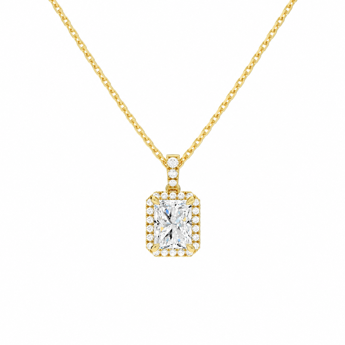 Leona Radiant Halo Accented Bail Lab-Grown Diamond Pendant Necklace in 18K Yellow Gold, front view