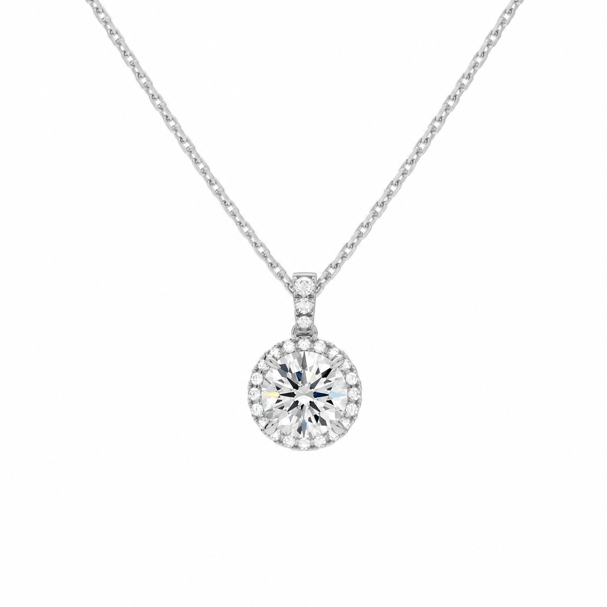Leona Round Halo Accented Bail Lab-Grown Diamond Pendant Necklace in 18K White Gold, front view