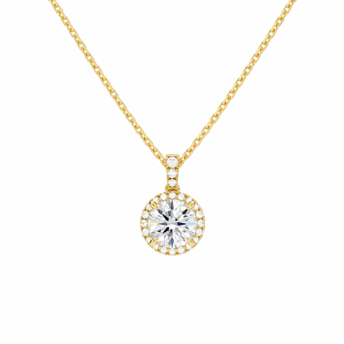 Leona Round Halo Accented Bail Lab-Grown Diamond Pendant Necklace in 18K Yellow Gold, front view