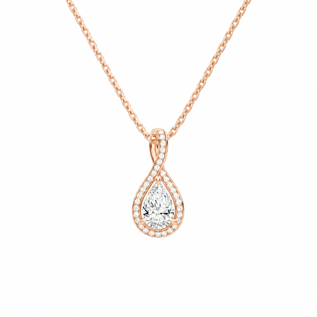 Lucina Pear Halo Pave Twist Lab-Grown Diamond Pendant Necklace in 14K Rose Gold, front view