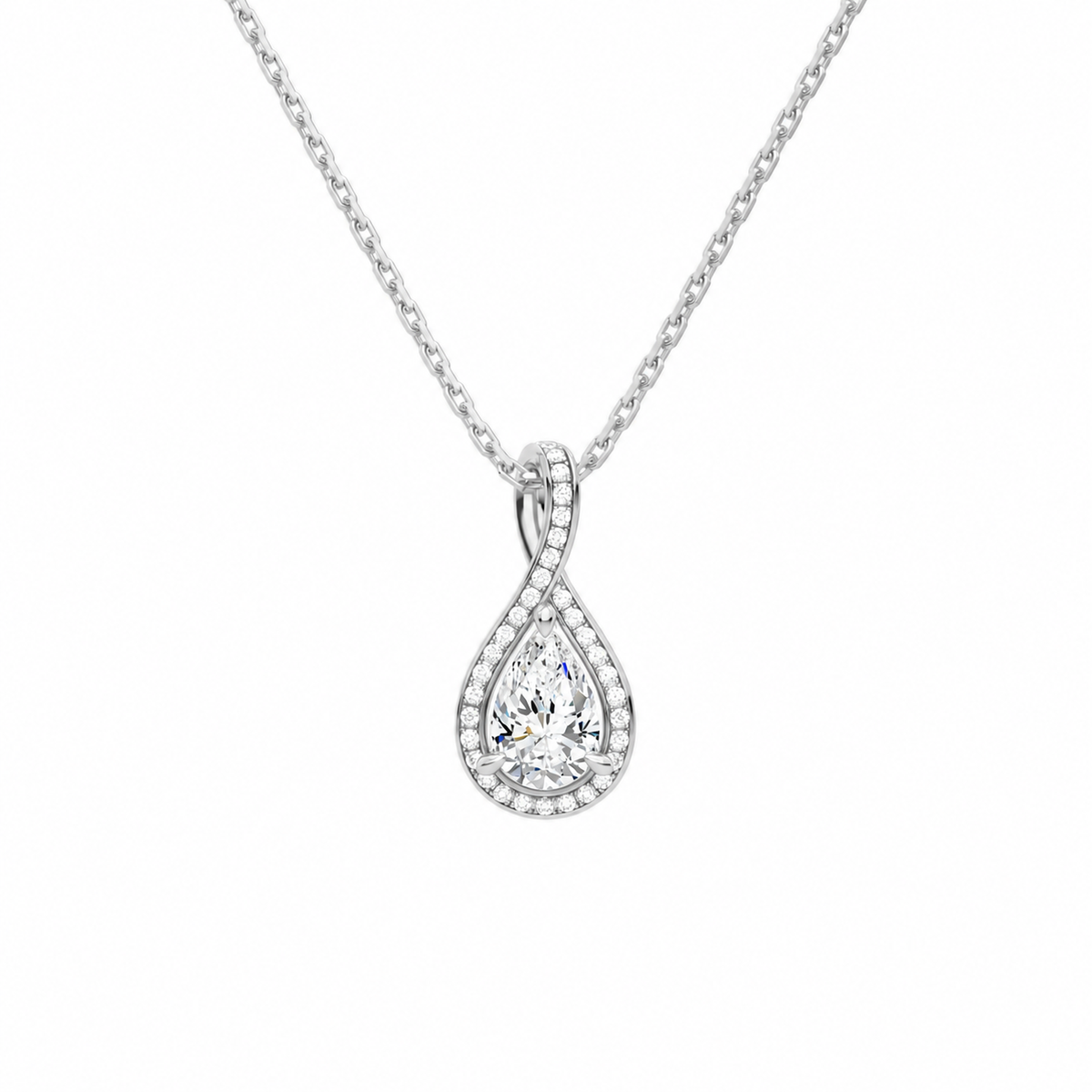 Lucina Pear Halo Pave Twist Lab-Grown Diamond Pendant Necklace in 14K White Gold, front view