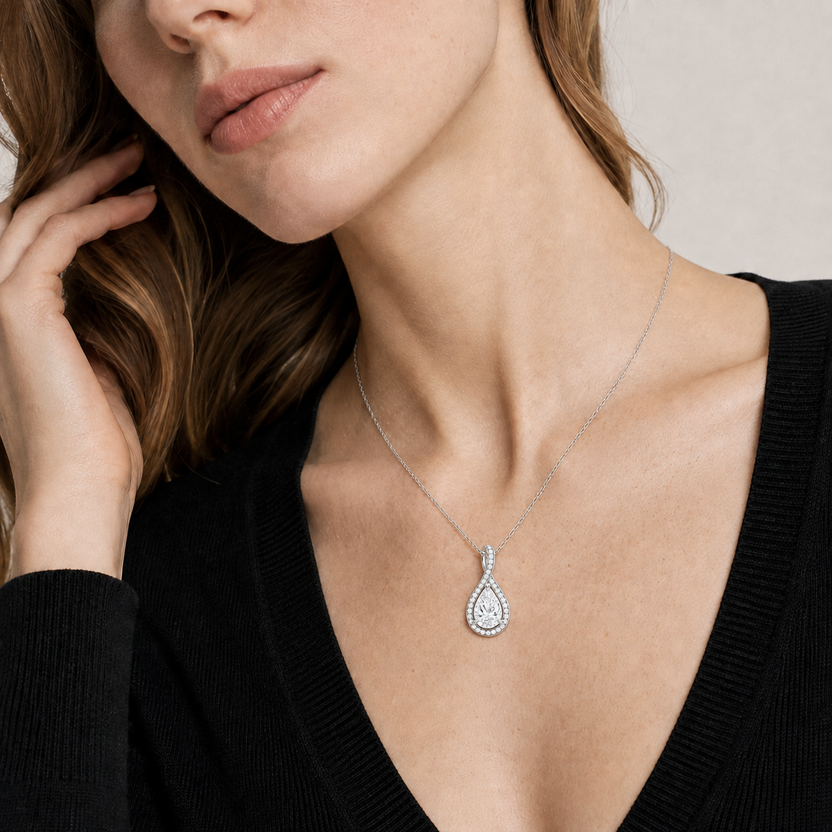 Lucina Pear Halo Pave Twist Lab-Grown Diamond Pendant Necklace in 14K White Gold, worn on neck