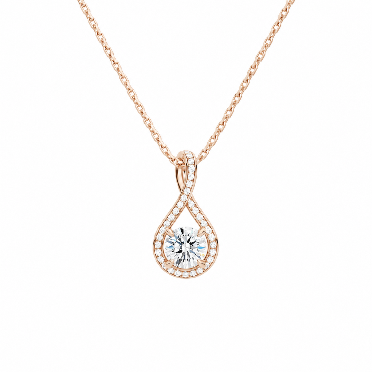 Lucina Round Halo Pave Twist Lab-Grown Diamond Pendant Necklace in 14K Rose Gold, front view