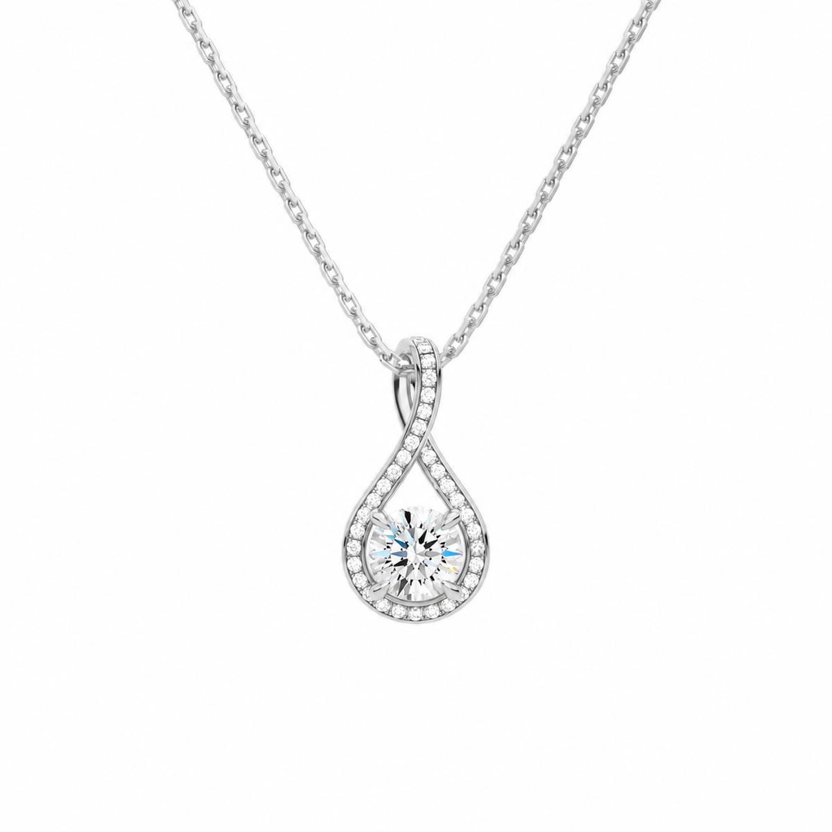 Lucina Round Halo Pave Twist Lab-Grown Diamond Pendant Necklace in 14K White Gold, front view