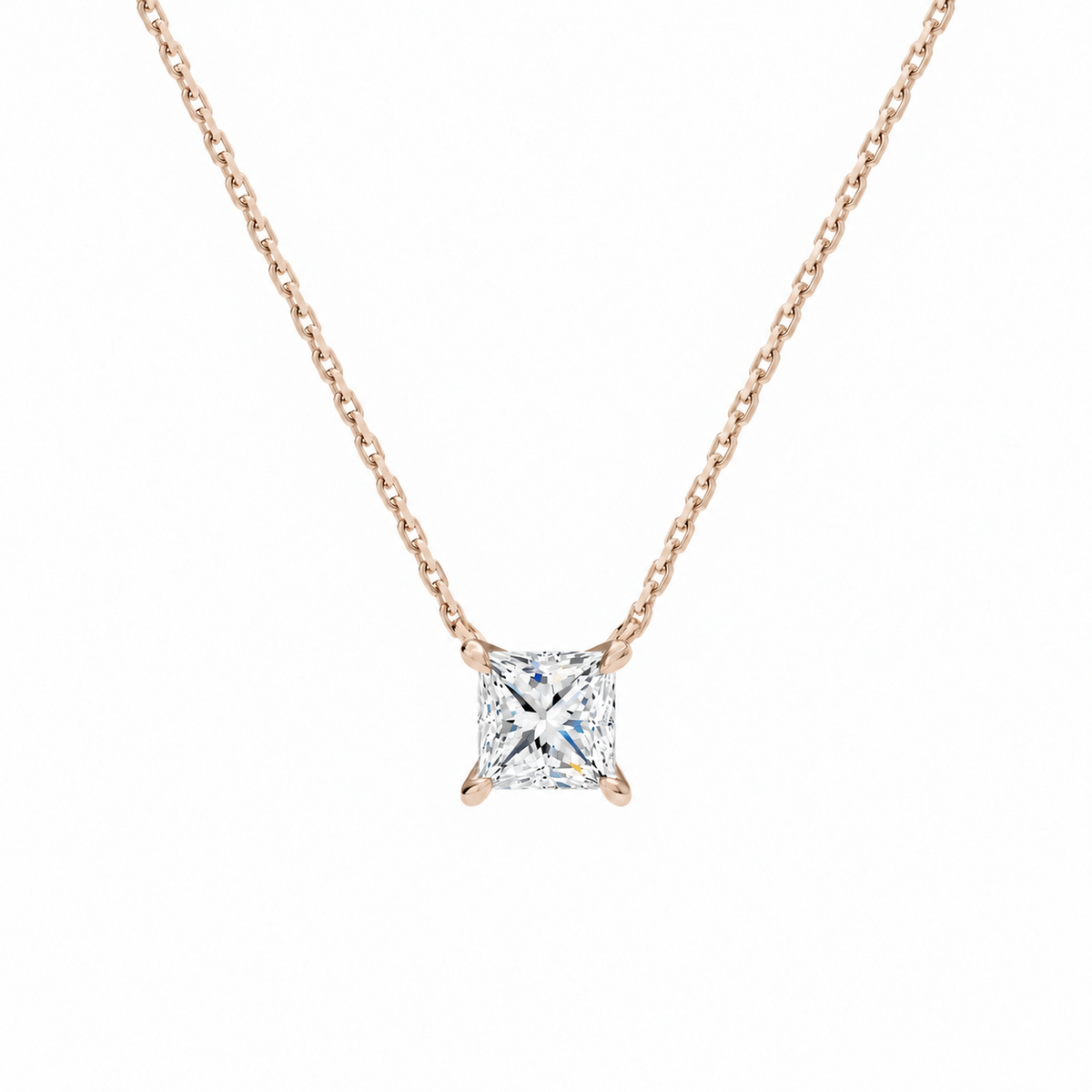 Solenne Princess Solitaire Lab-Grown Diamond Necklace in 14K Rose Gold, front view