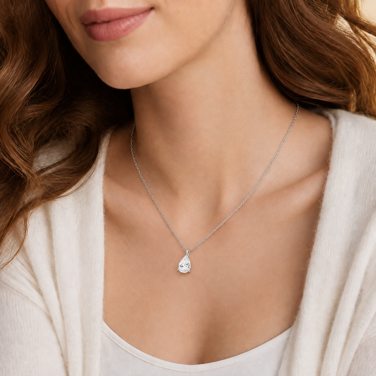 Elysia Pear Solitaire Lab-Grown Diamond Pendant Necklace in 18K White Gold, worn on neck