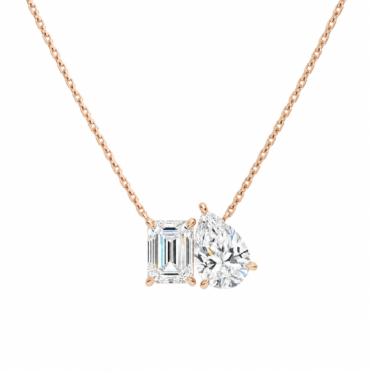 Aviana Emerald & Pear Toi Et Moi Lab-Grown Diamond Necklace in 14K Rose Gold, front view