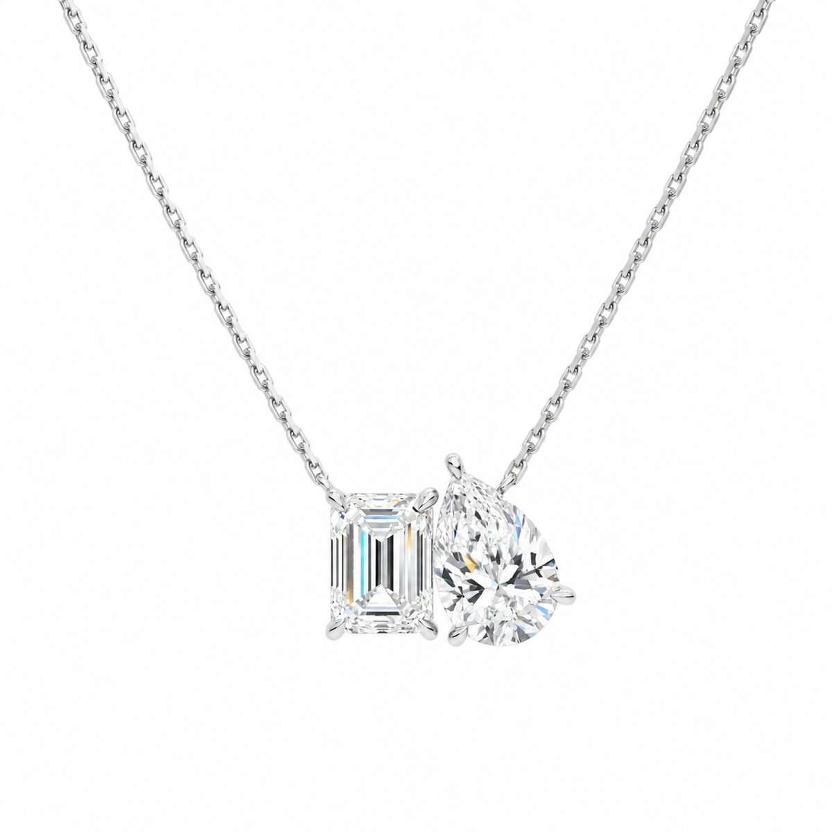 Aviana Emerald & Pear Toi Et Moi Lab-Grown Diamond Necklace in 18K White Gold, front view