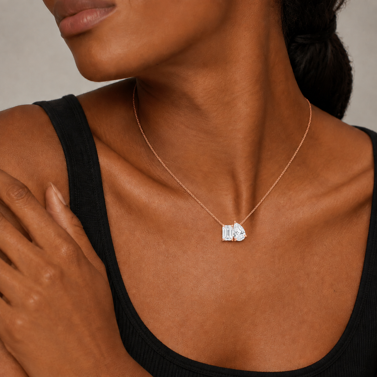 Aviana Emerald & Pear Toi Et Moi Lab-Grown Diamond Necklace in 14K Rose Gold, worn on neck