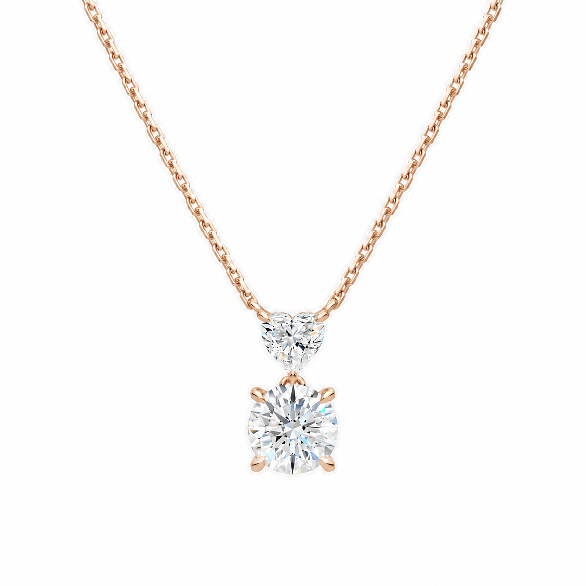 Valora Heart & Round Duo Drop Lab-Grown Diamond Necklace in 14K Rose Gold, front view