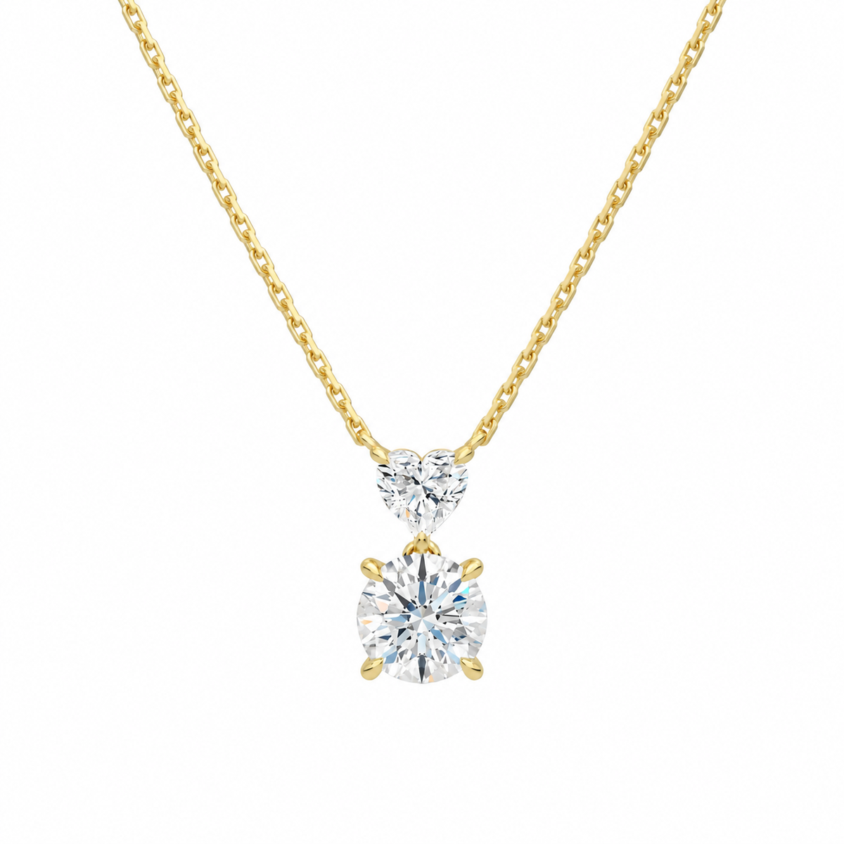 Valora Heart & Round Duo Drop Lab-Grown Diamond Necklace in 18K Yellow Gold, front view