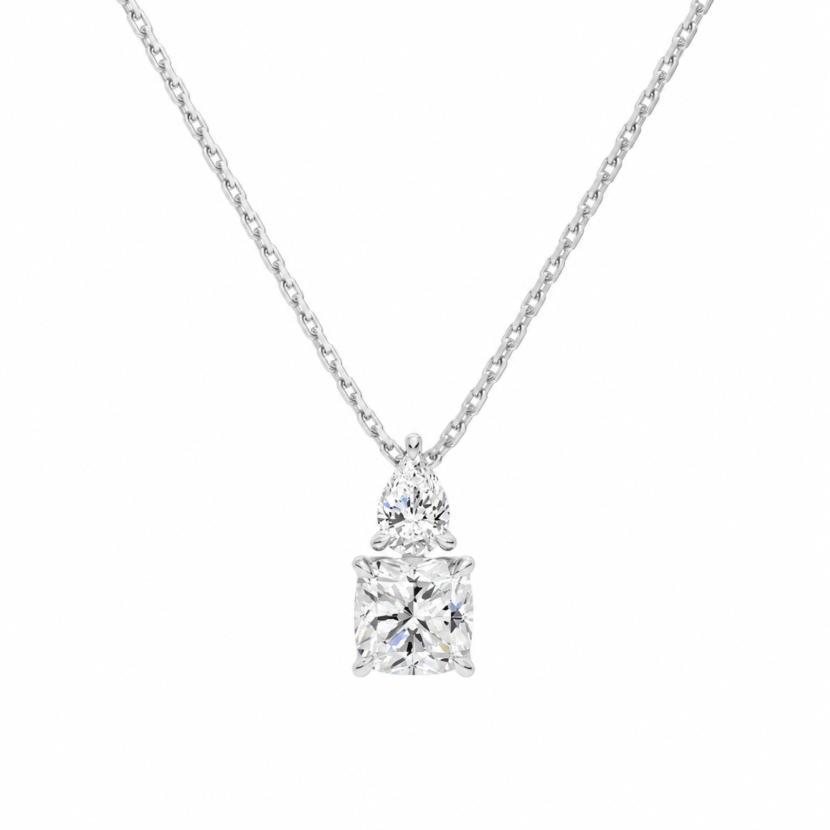 Valora Cushion & Pear Duo Drop Lab-Grown Diamond Necklace in Platinum, front view
