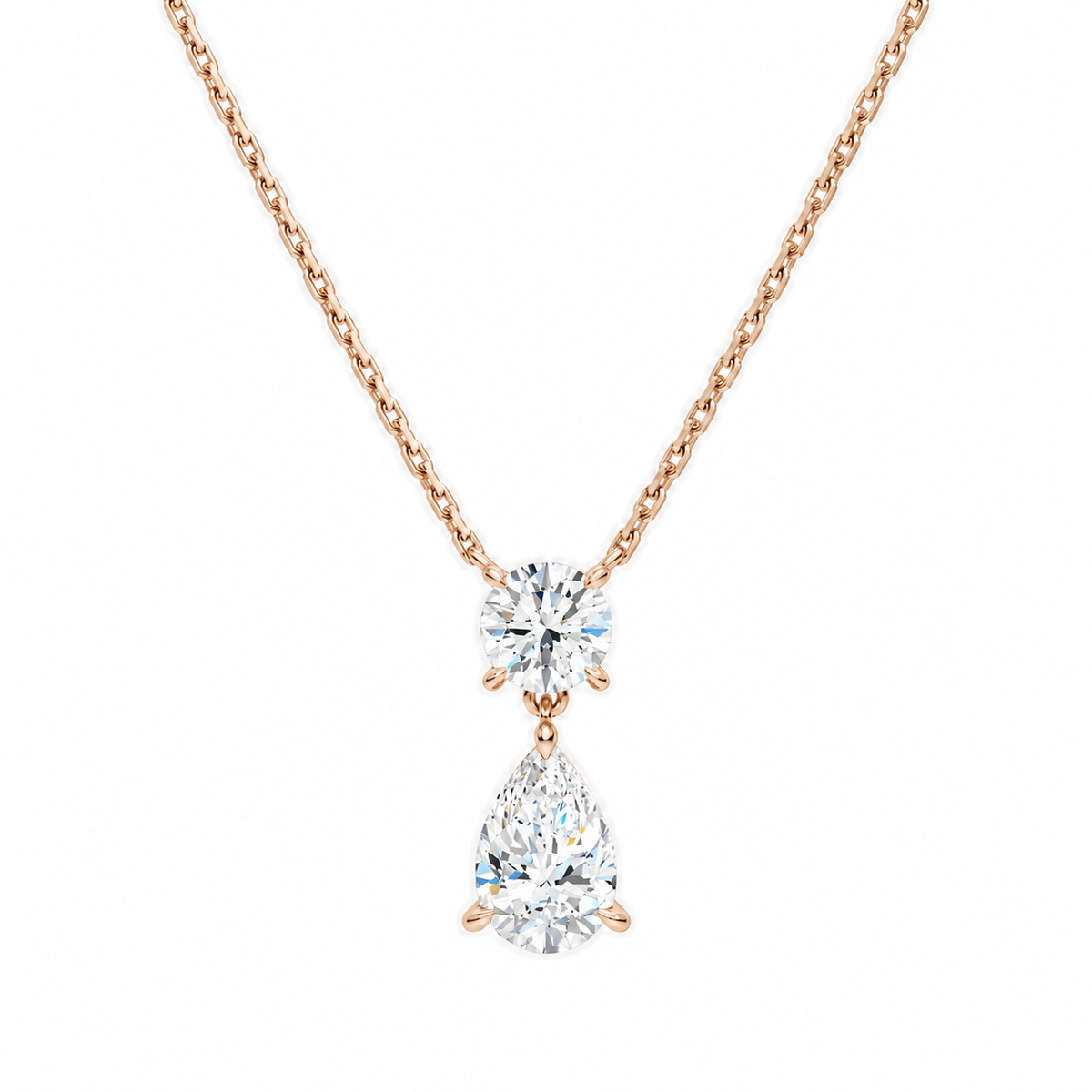 Valora Pear & Round Duo Drop Lab-Grown Diamond Necklace in 14K Rose Gold, front view