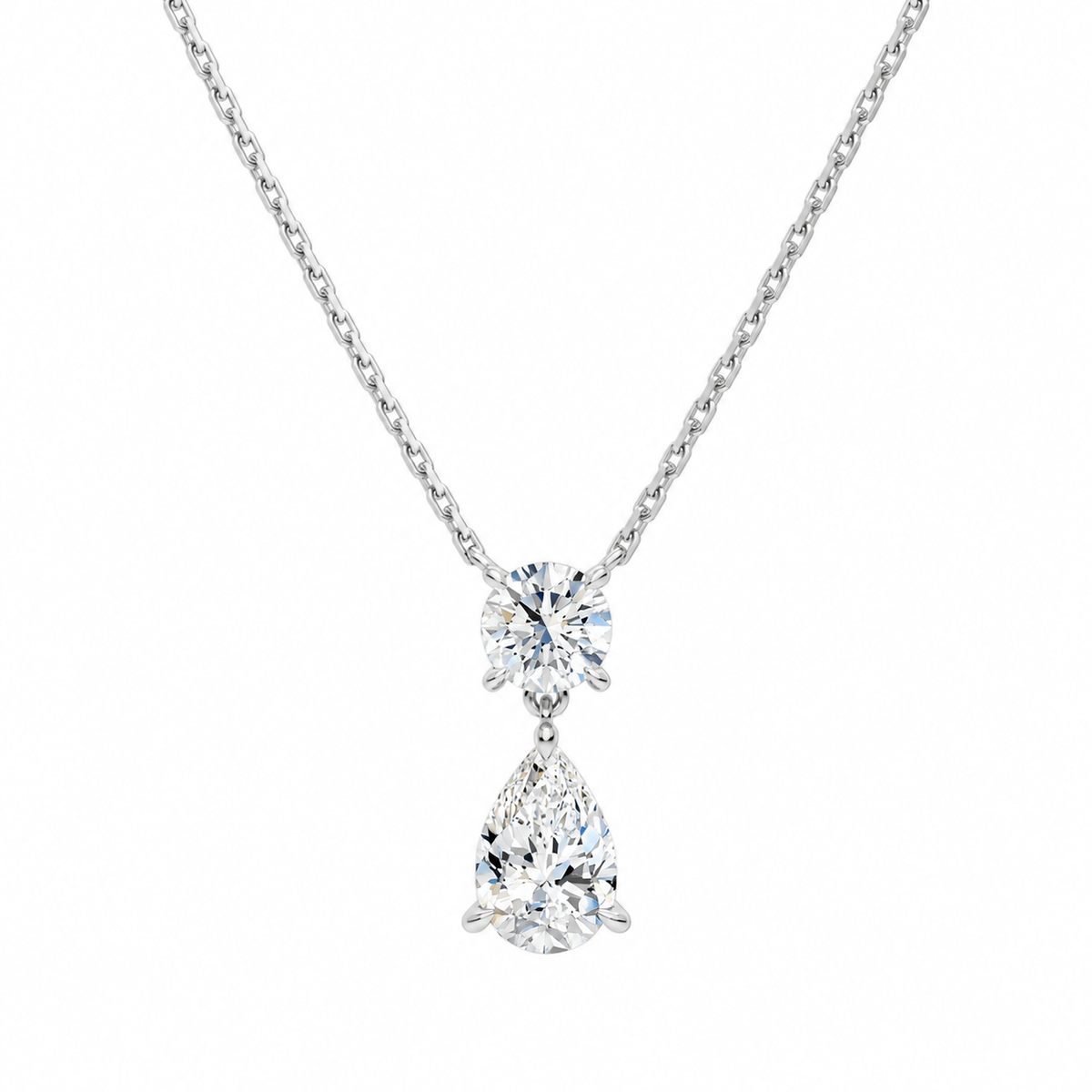 Valora Pear & Round Duo Drop Lab-Grown Diamond Necklace in 14K White Gold, front view