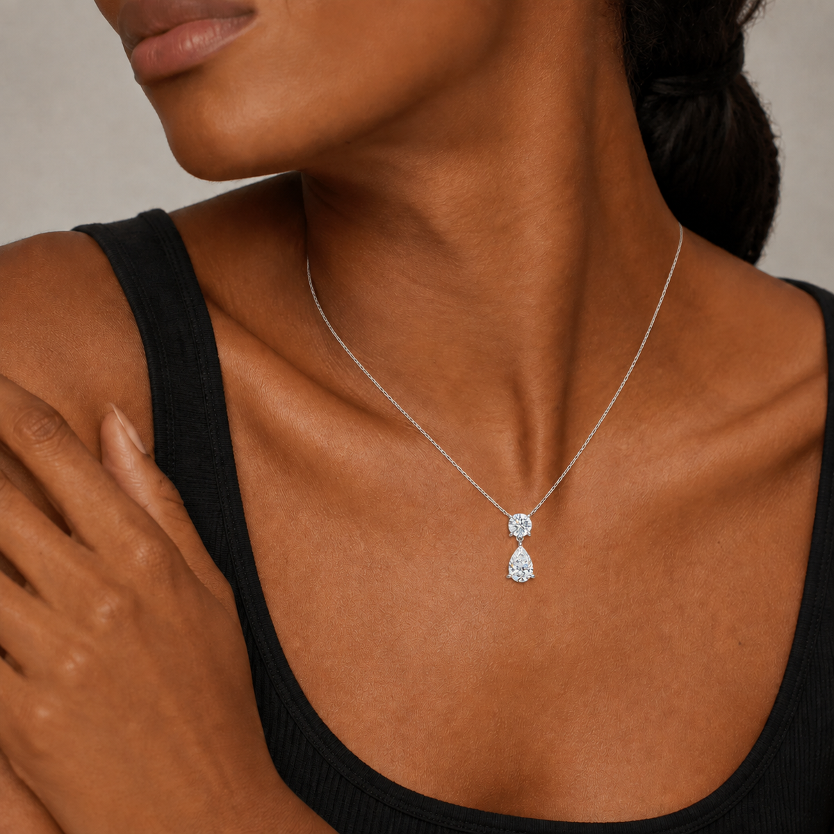 Valora Pear & Round Duo Drop Lab-Grown Diamond Necklace in 14K White Gold, worn on neck