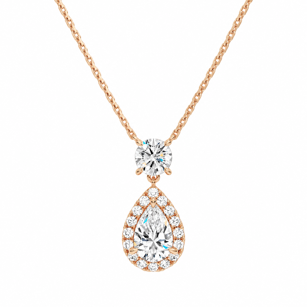 Soraya Halo Duo Drop Lab-Grown Diamond Necklace in 14K Rose Gold, front view