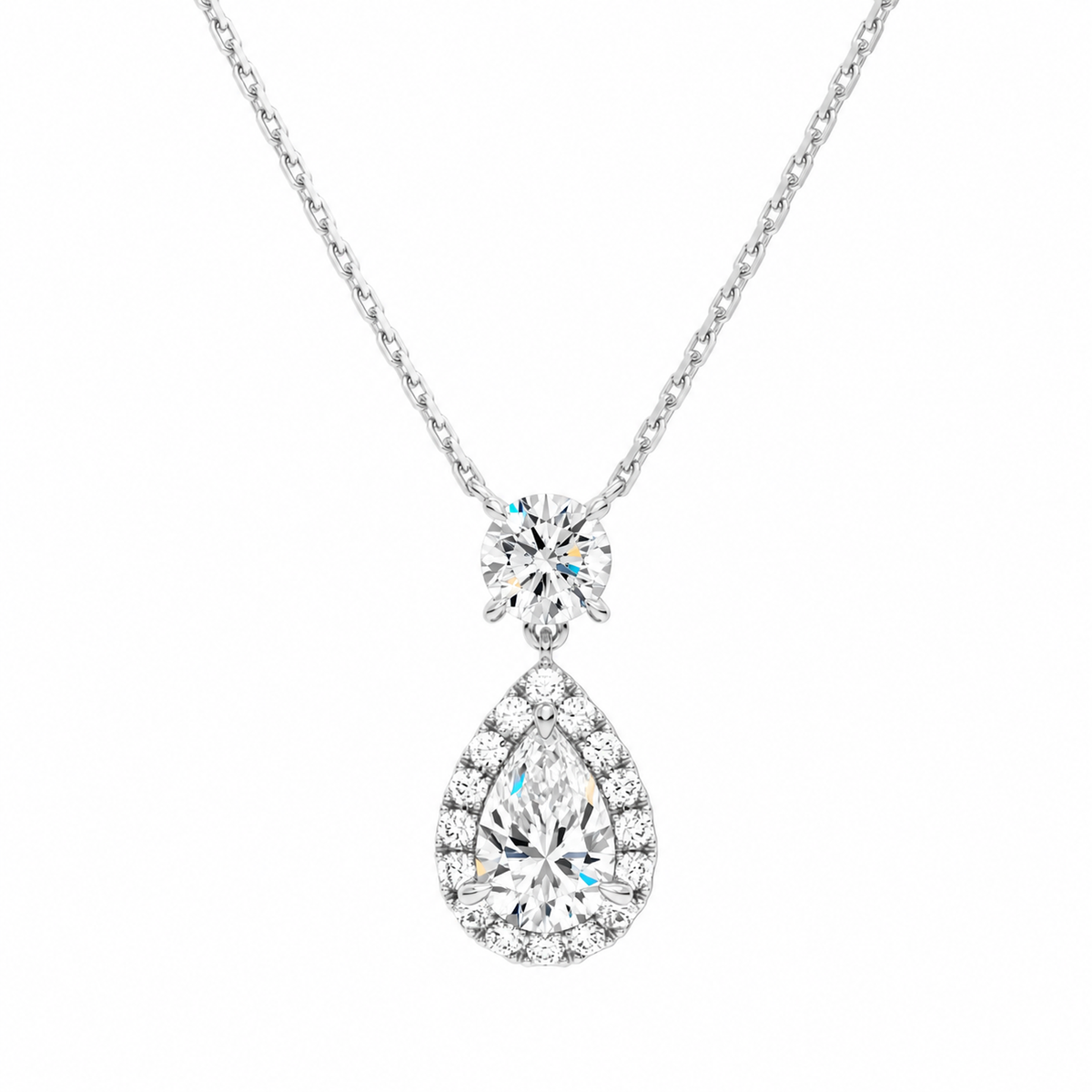 Soraya Halo Duo Drop Lab-Grown Diamond Necklace in 14K White Gold, front view