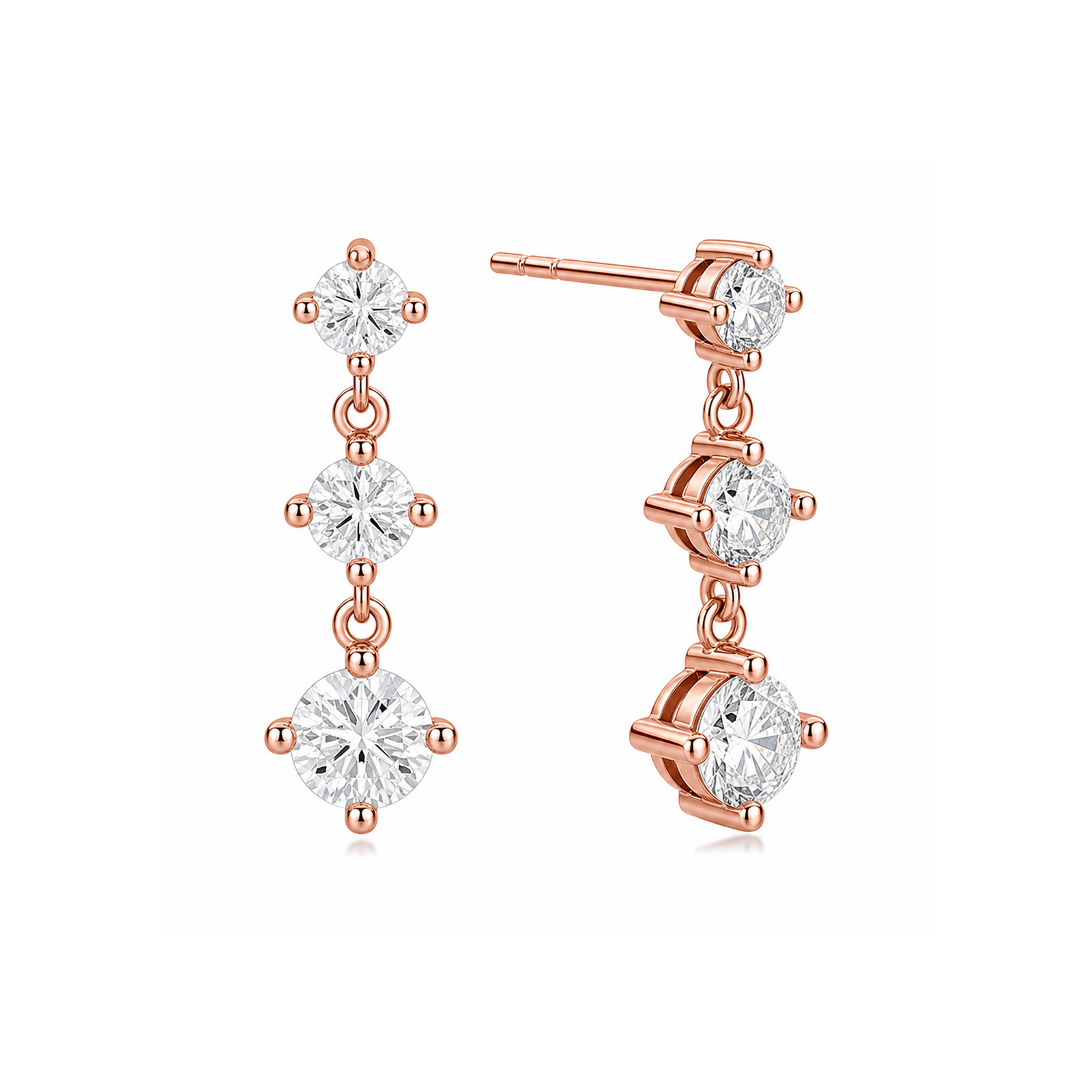 Novella Three Stone Graduated Fancy Drop Lab Grown Diamond Stud Earrings in 14K Rose Gold