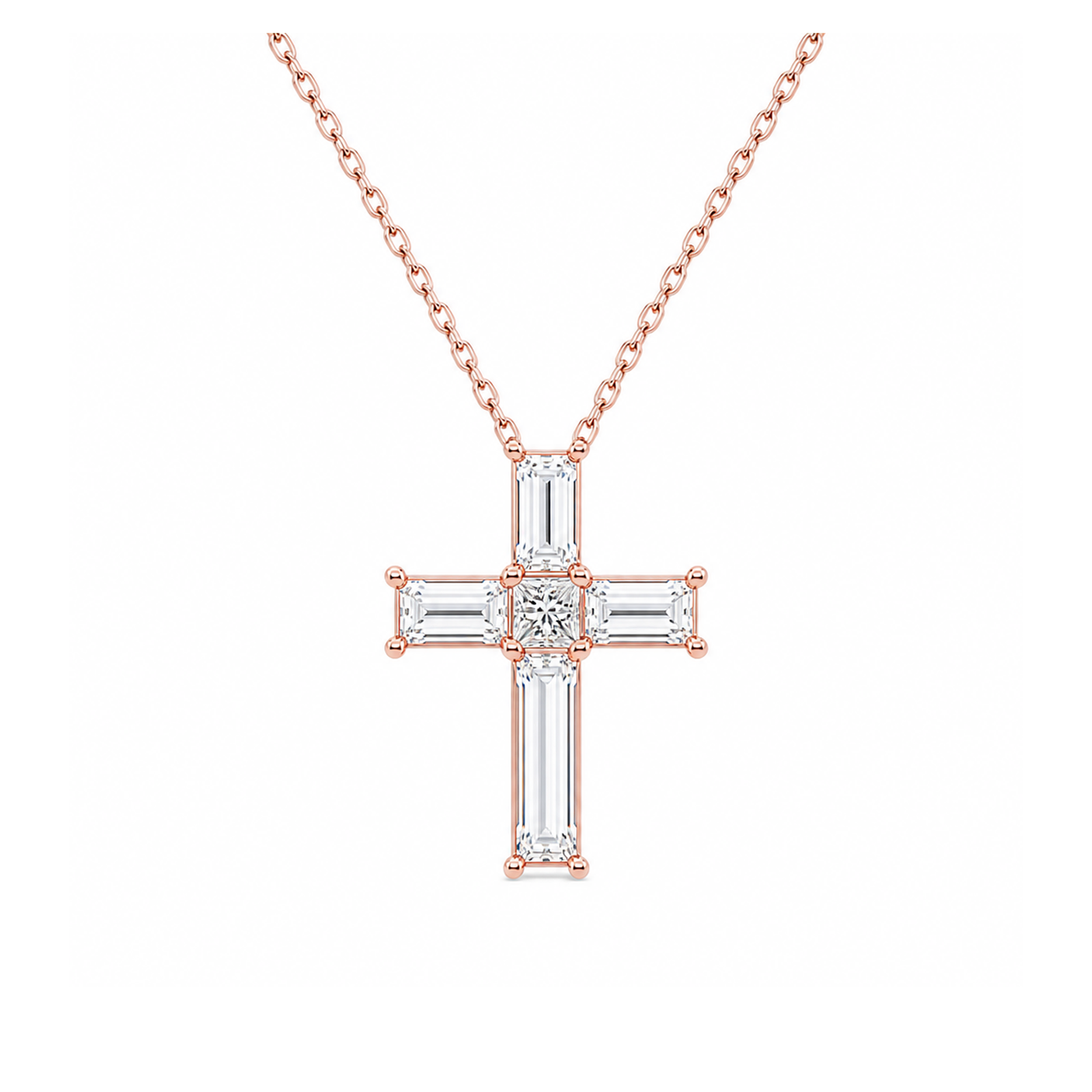 Sora Baguette Cross Lab Grown Diamond Pendant Necklace in 14K Rose Gold