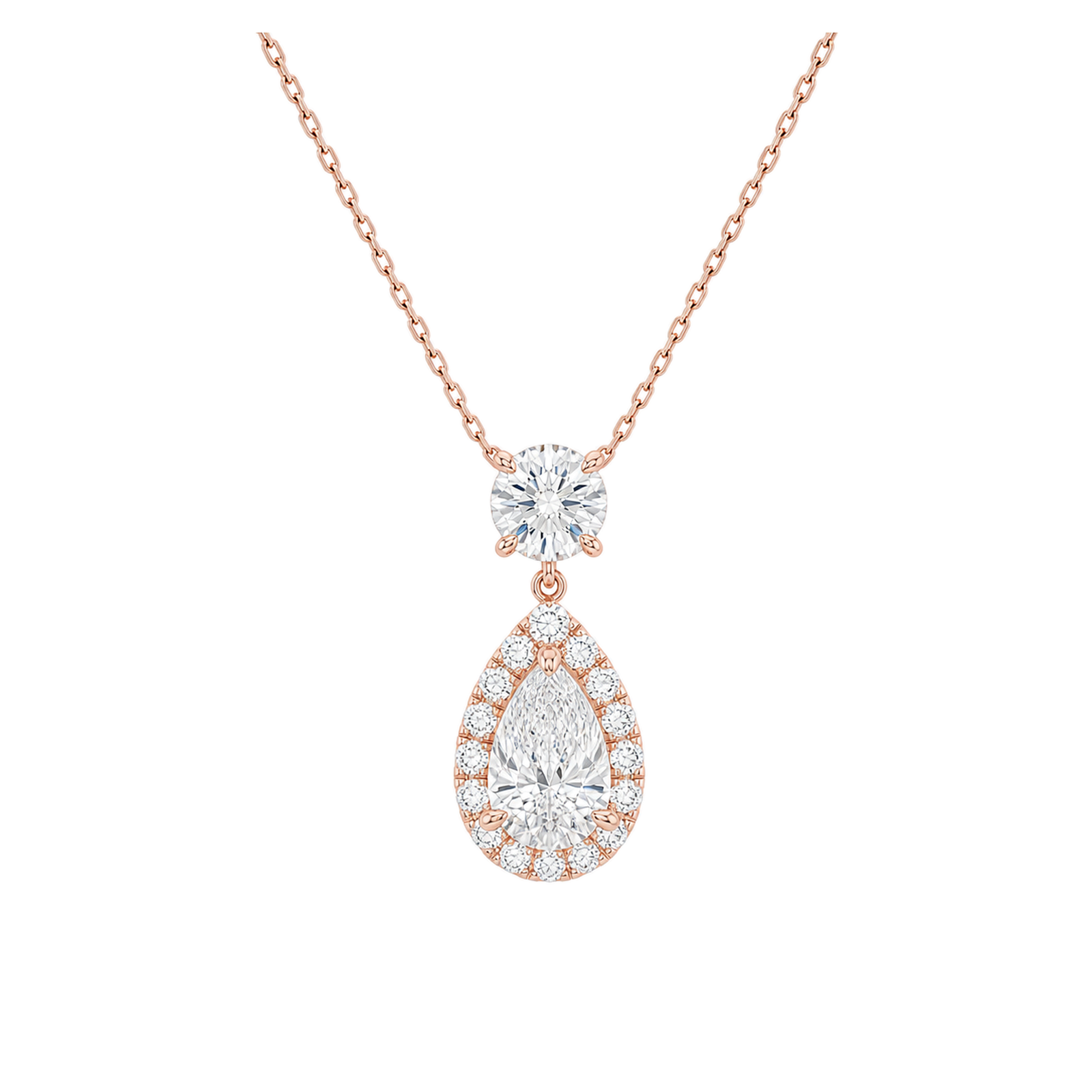 Soraya Halo Duo Drop Lab Grown Diamond Necklace in 14K Rose Gold
