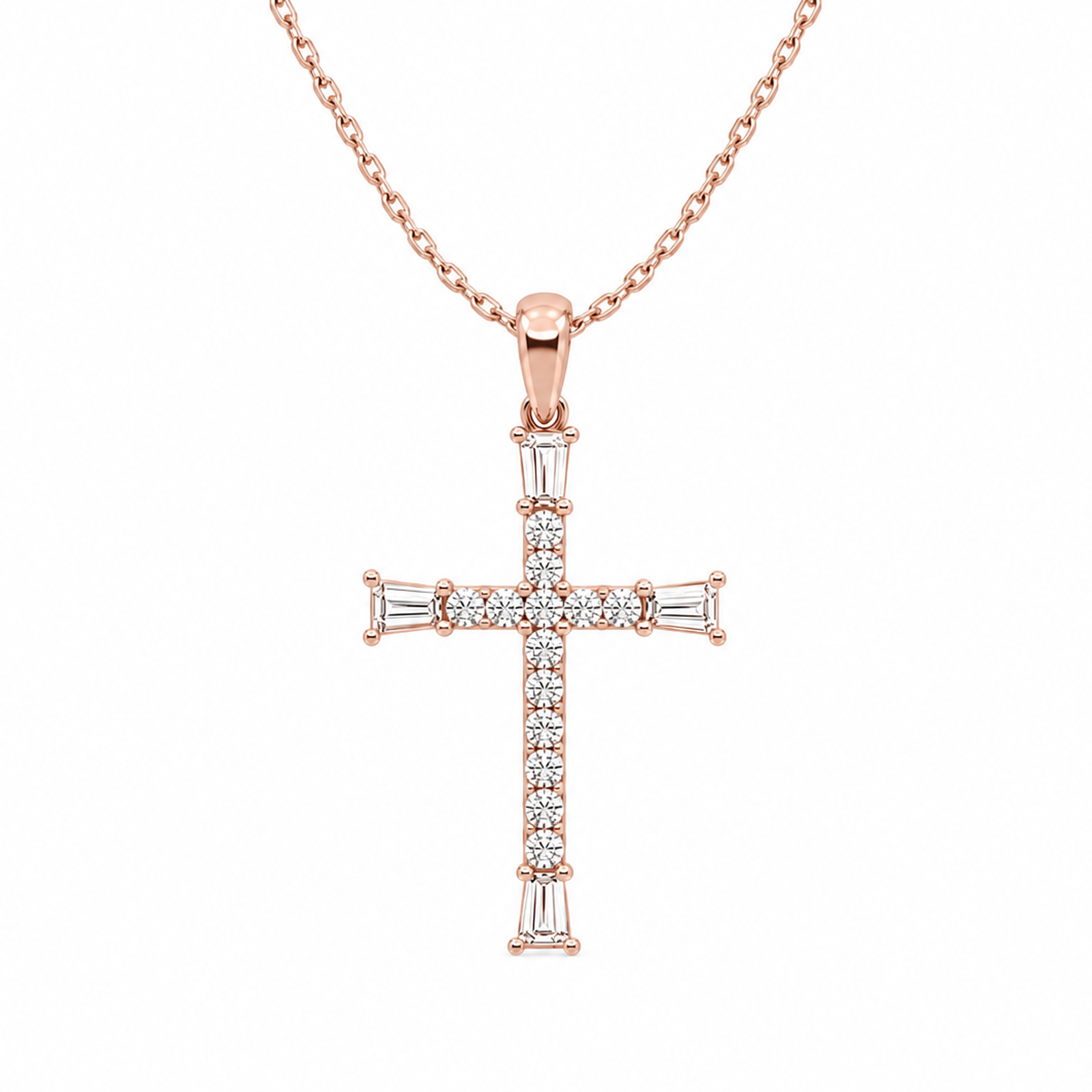 Orienne Tapered Baguette Cross Lab Grown Diamond Pendant Necklace in 14K Rose Gold