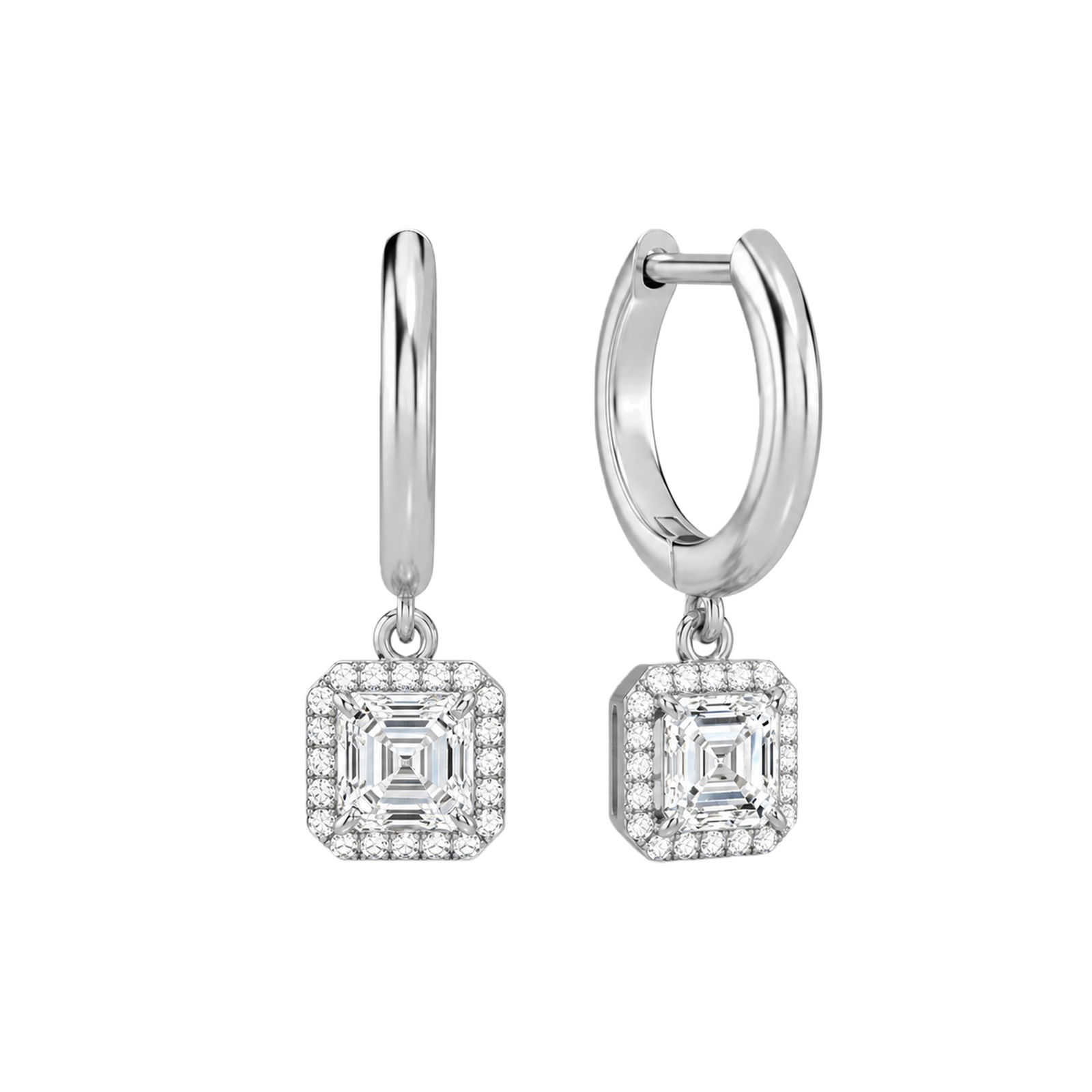 Allegra Halo Drop Huggie Hoop Lab Grown Diamond Hoop Earrings in 18K White Gold