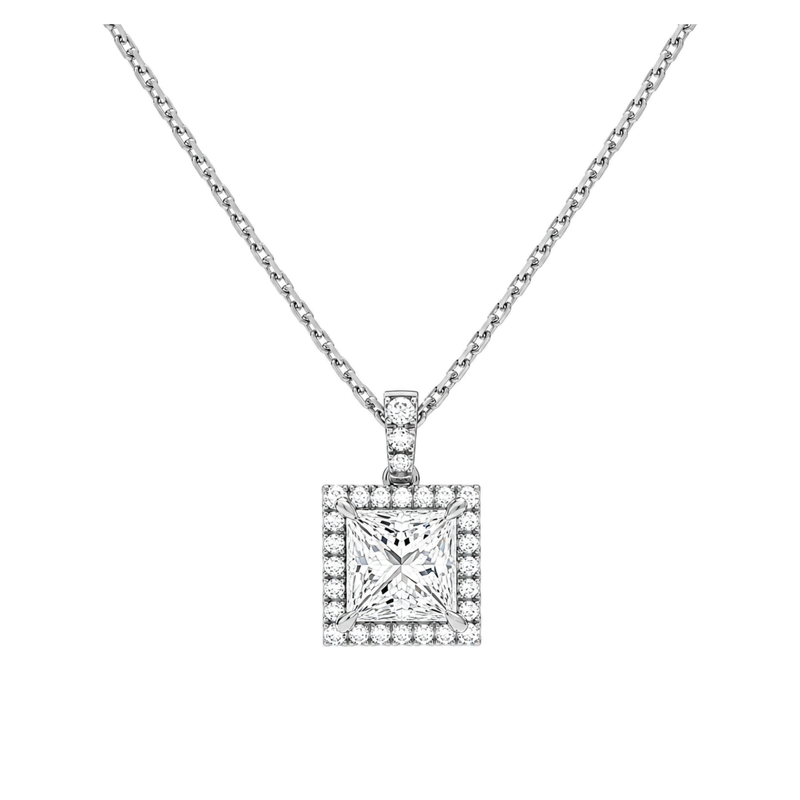 Leona Halo Accented Bail Lab Grown Diamond Pendant Necklace in 14K White Gold