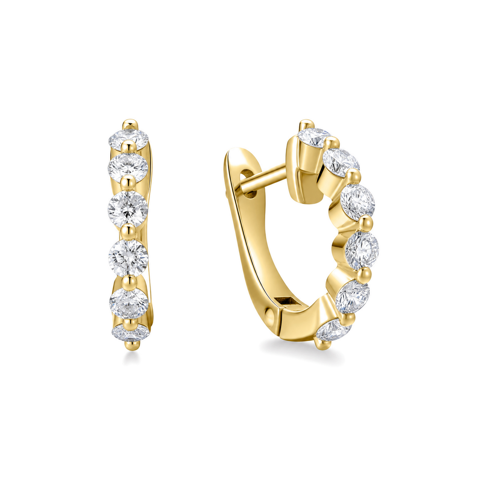 Xanthe Shared Prong Huggie Hoop Lab Grown Diamond Hoop Earrings in 18K Yellow Gold
