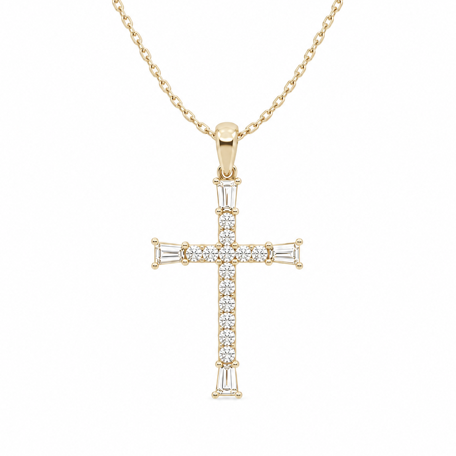 Orienne Tapered Baguette Cross Lab Grown Diamond Pendant Necklace in 14K Yellow Gold