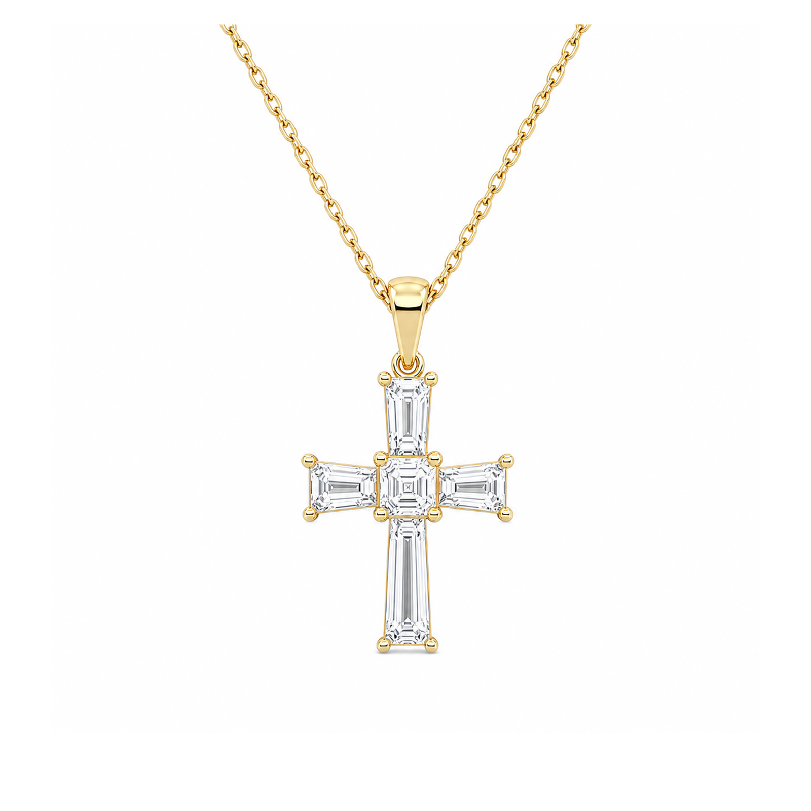 Milena Tapered Baguette Cross Lab Grown Diamond Pendant Necklace in 14K Yellow Gold