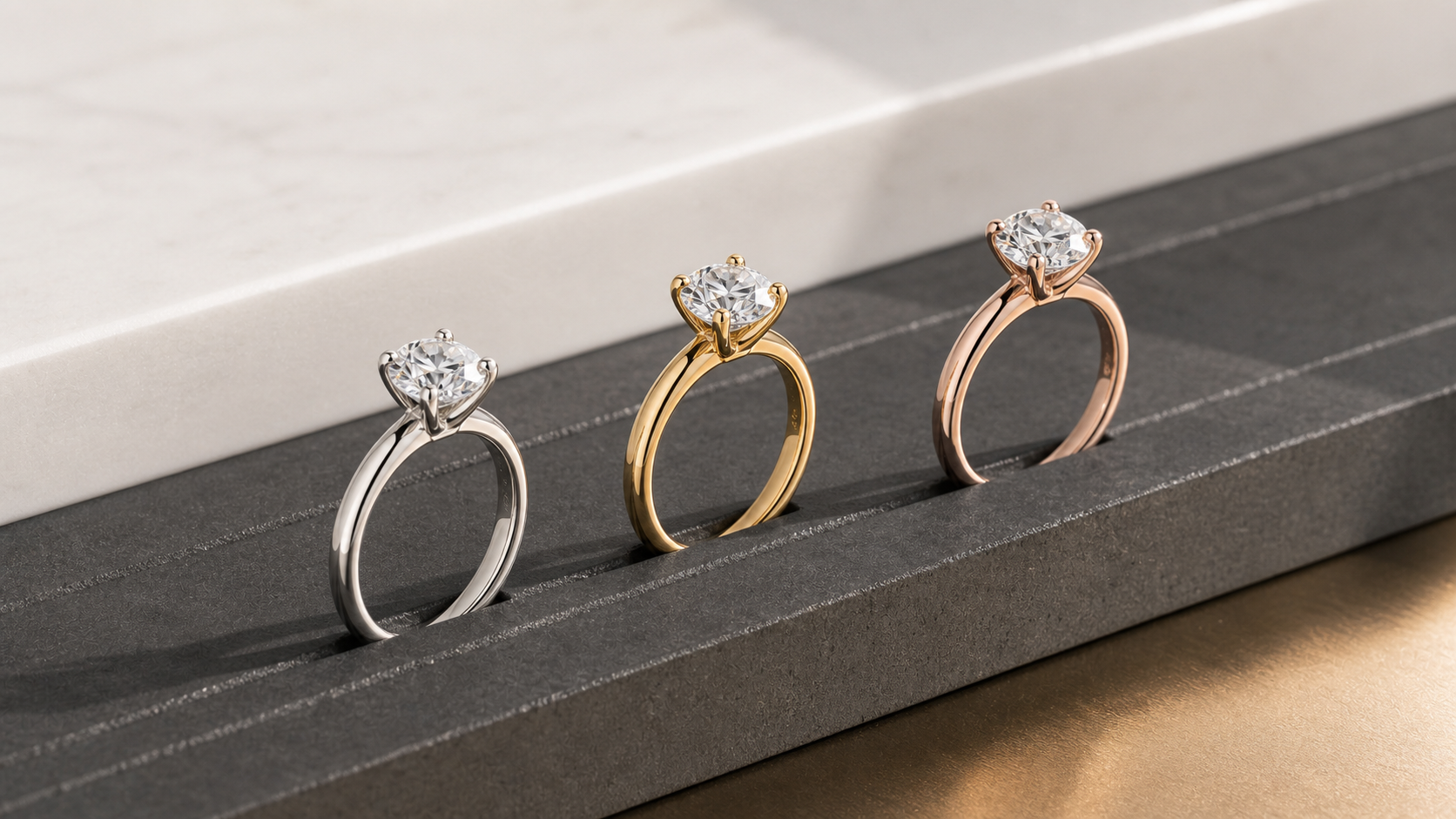 White gold, yellow gold, and rose gold lab-grown diamond engagement rings for choosing 14K vs 18K gold.
