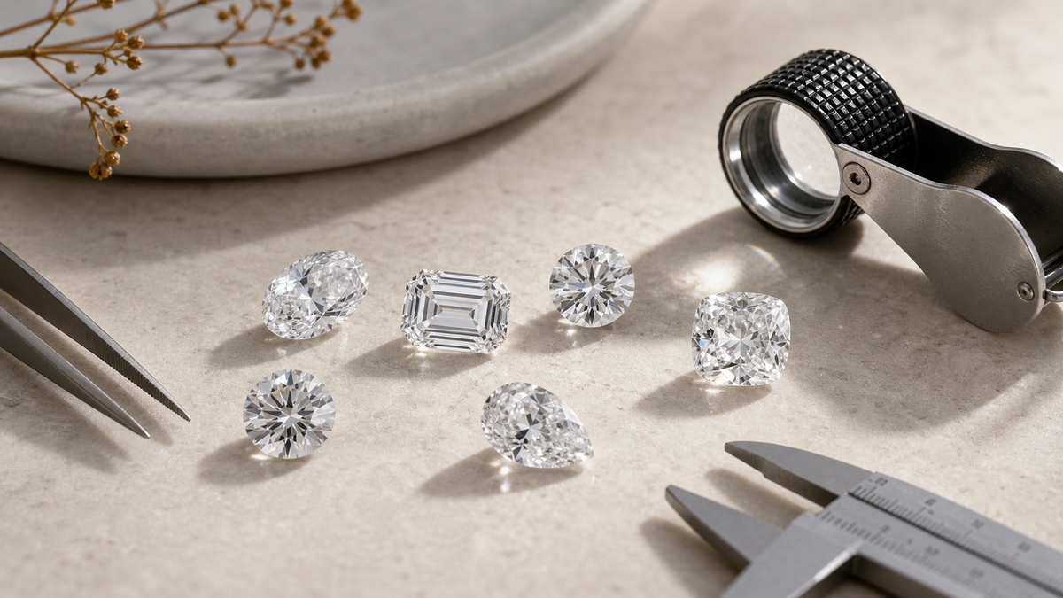 Loose lab-grown diamonds with a loupe and measuring tools for a guide to the 4Cs of diamonds.