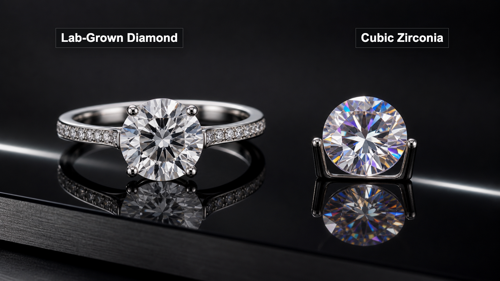 Lab-grown diamond ring compared with cubic zirconia on a black optical jewelry surface.