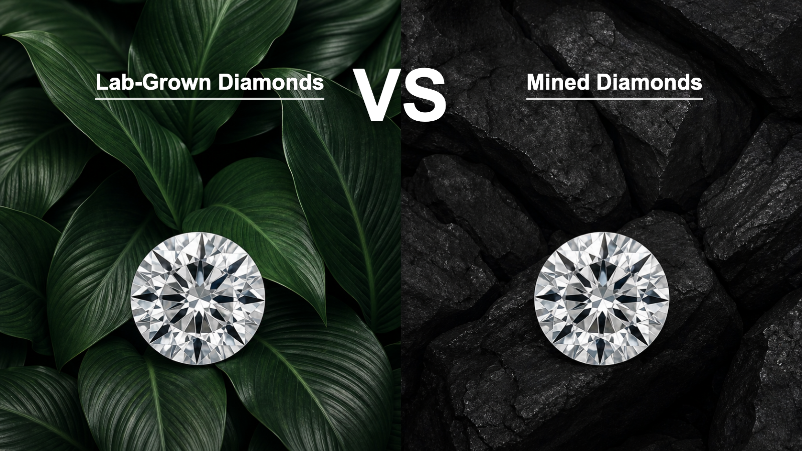 Lab-grown diamonds versus mined diamonds shown over green leaves and dark mined rock textures.