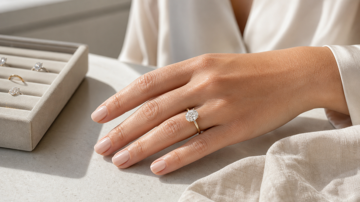 Oval diamond engagement ring worn on a hand for a guide to choosing the best ring for your hand shape