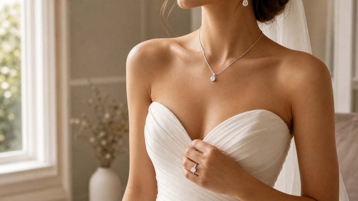 Bride in an ivory wedding dress wearing delicate diamond bridal jewelry and an engagement ring.