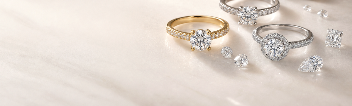 Lab grown diamond rings and loose diamonds on a neutral stone surface