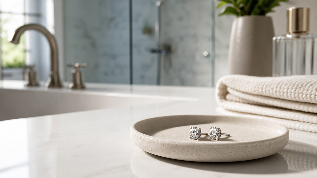 Diamond earrings resting on a dry tray beside a clean bathroom counter, away from running water.