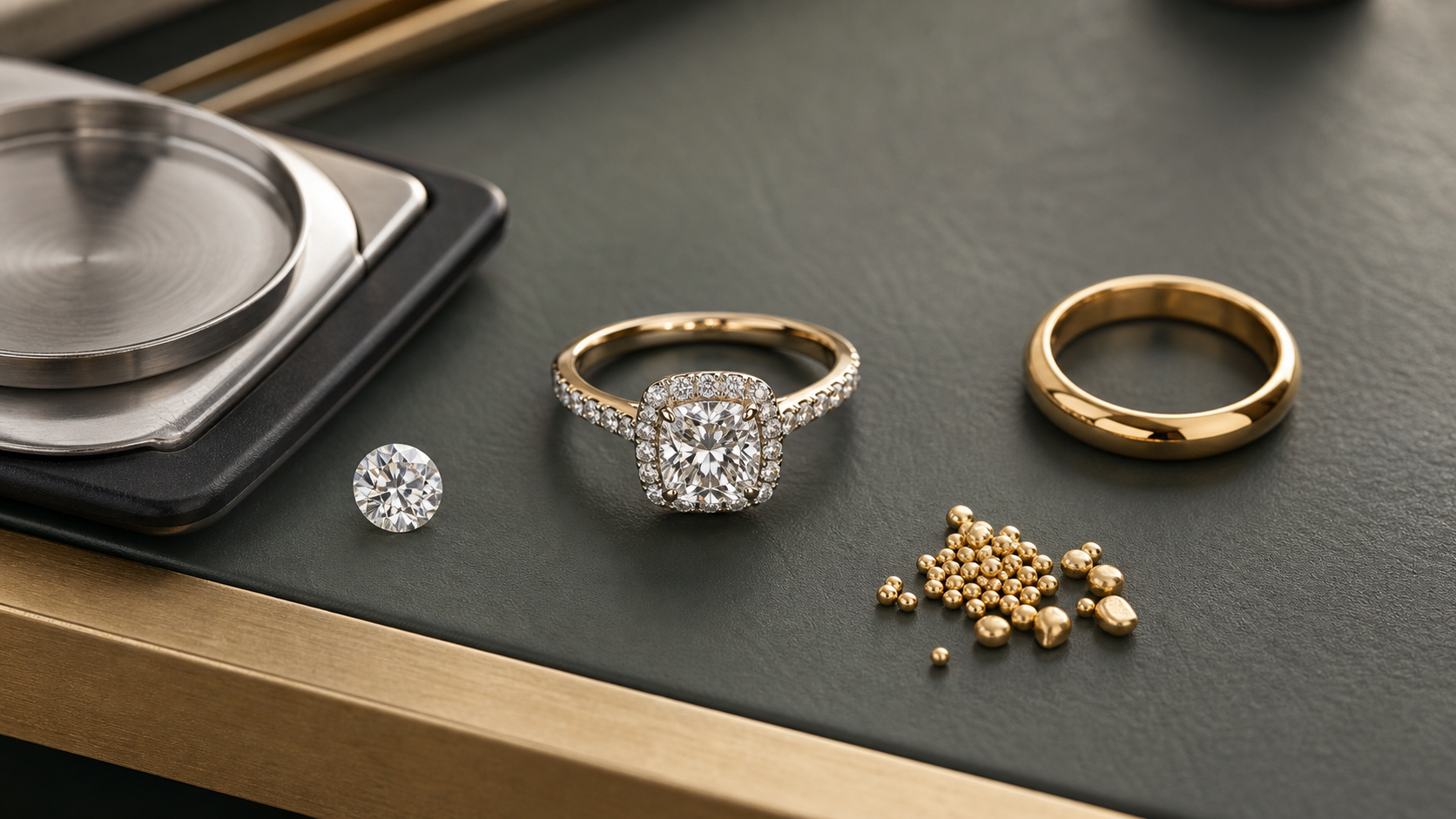 Diamond ring with a loose diamond, gold band, and gold alloy granules for a carat vs karat jewelry guide.