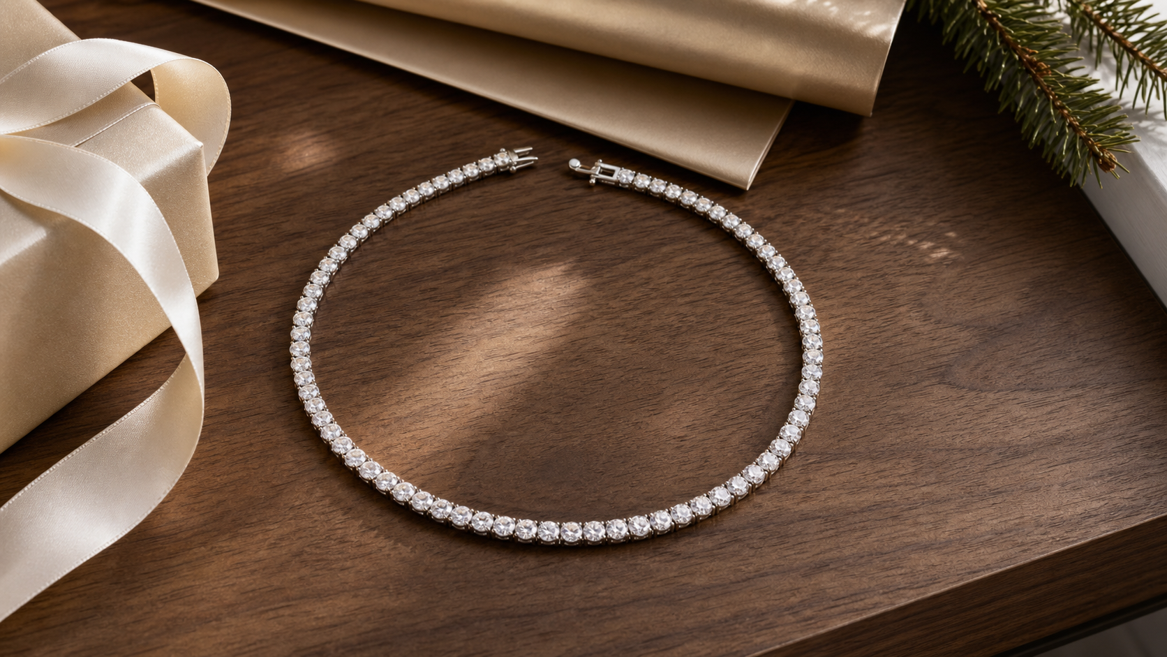 Lab-grown diamond tennis necklace arranged as an elegant Christmas gift on walnut wood with champagne wrapping paper.
