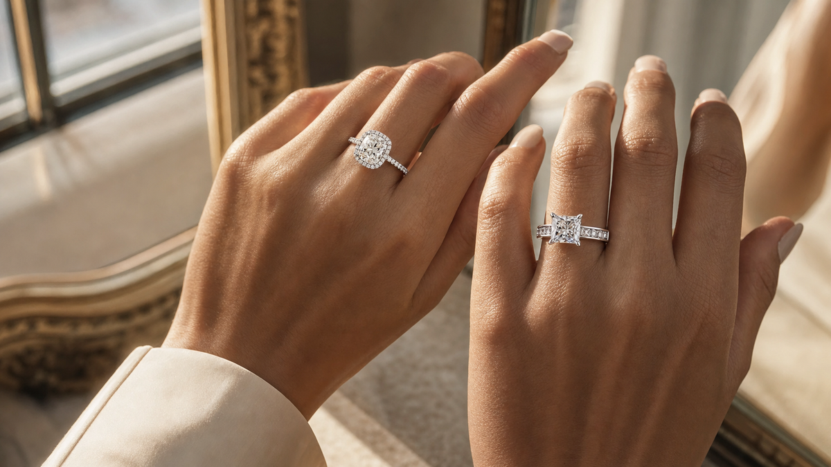 Cushion cut and princess cut engagement rings worn in warm boutique light for a diamond shape comparison.