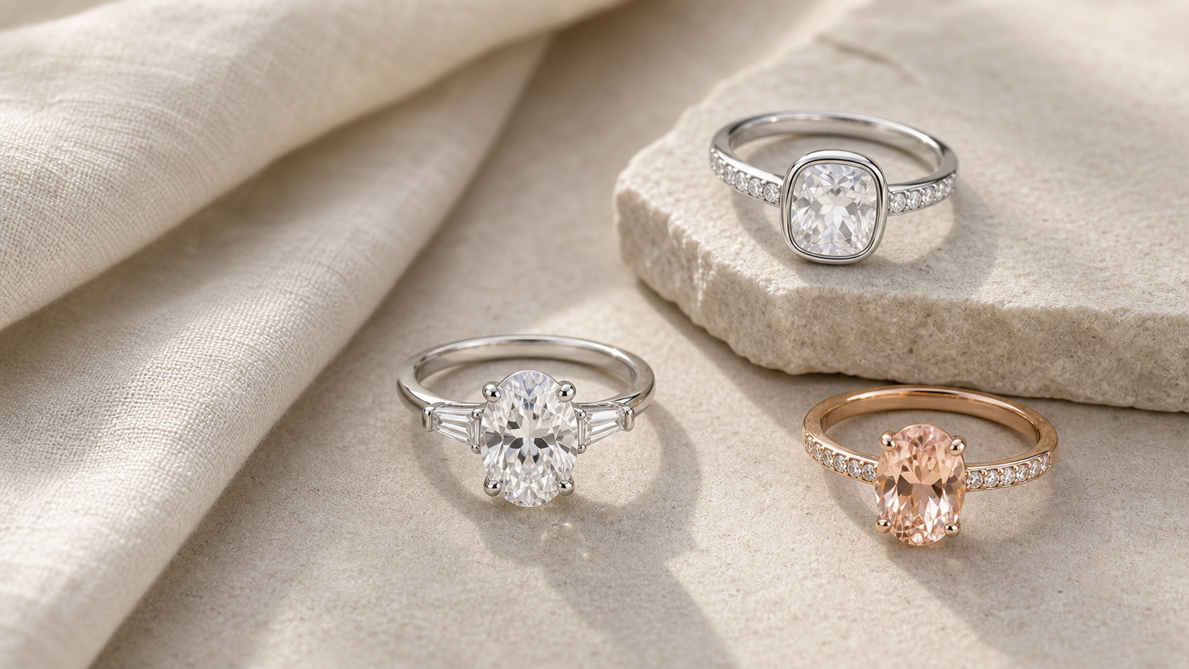 Restrained editorial arrangement of diamond alternative engagement rings on matte stone and linen.